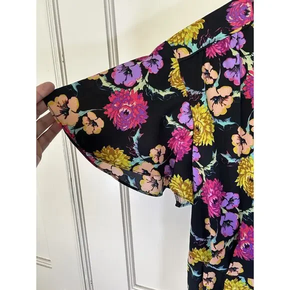Topshop Floral Wrap Blouse Womens Size 10 Black Yellow Preppy Classic NWT - Picture 5 of 12